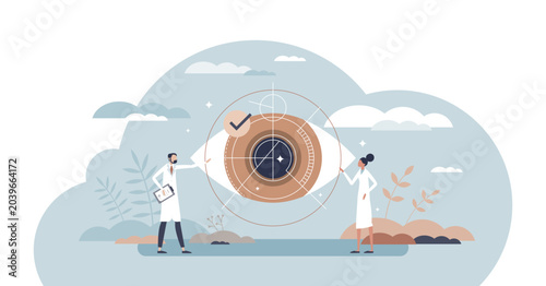 Bild auf Leinwand LASIK eye surgery, checkup and sight correction therapy tiny person concept, transparent background