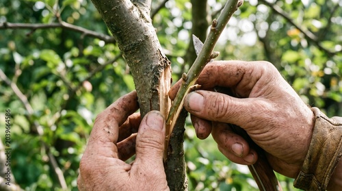 Close-up of gardener's hands connecting scion and rootstock of a fruit tree during spring grafting into a split.