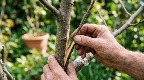 Close-up of gardener's hands inserting a thin scion cutting under the bark of a rootstock during spring budding in an orchard.
