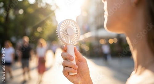 Woman cooling herself with a portable handheld fan during an extreme summer heatwave in the city. High temperature, hot weather, urban lifestyle, heat stress and climate change concept