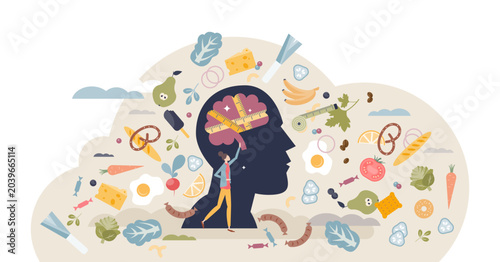 Eating disorders as psychological unhealthy diet illness tiny person concept, transparent background. Excessive weight control and food limitation illustration. Addiction to slimming.