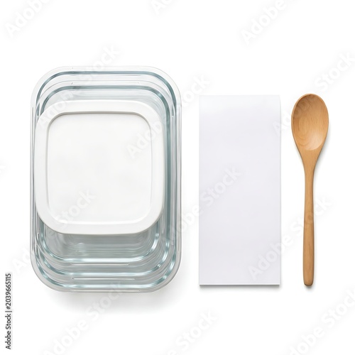 Healthy Meal Prep Concept Mockup with Glass Containers Wooden Spoon and Blank Menu Card