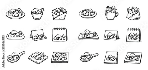 Healthy food and vegetable design icons with carrot, broccoli and tomato for nutrition app design in hand drawn style