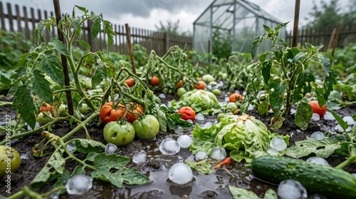 Hail damage to vegetable garden after severe summer storm. Destroyed crops, ruined harvest and climate change impact on food production. Extreme weather causing agricultural losses, crop failure
