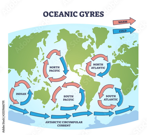 Canvas Print Oceanic gyres map as large circulating ocean water currents outline diagram, transparent background