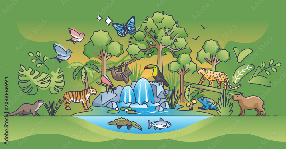Obraz premium Jungle landscape as rainforest habitat landform and biome outline concept, transparent background.Green and lush foliage with fauna and flora biodiversity illustration.