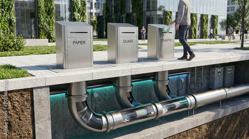 Underground pneumatic waste conveyance system transporting discarded plastic and paper through transparent technical pipelines beneath urban walkway.