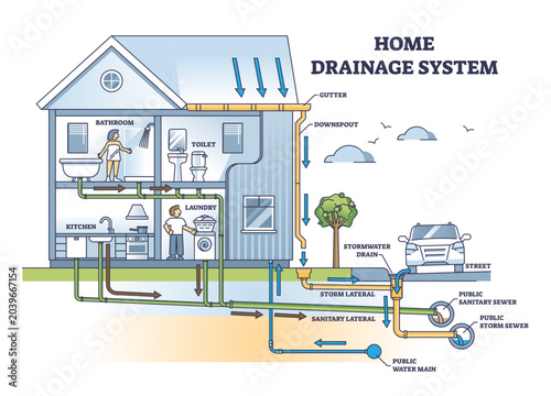 Принти на полотні Home drainage system with waste water and sewer pipeline outline diagram, transparent background