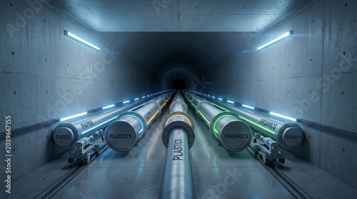 Logistics of synthetic materials within a subterranean hyperloop conduit featuring futuristic pressurized pods for plastic transport.