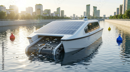 Filtering discarded plastic bottles and urban debris via a solar-powered aquatic conveyor system in a modern city canal for ecological restoration.