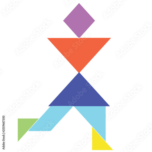  Colorful geometric tangram puzzle conceptualized into a fast-running human silhouette. Clean vector graphic suitable for creative concepts, brainstorming themes, or sports-related designs