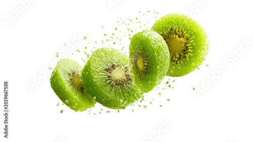 Sliced kiwi fruit pieces floating in air with water droplets and isolated background for healthy nutrition advertising and refreshing summer fruit beverage marketing visual design and