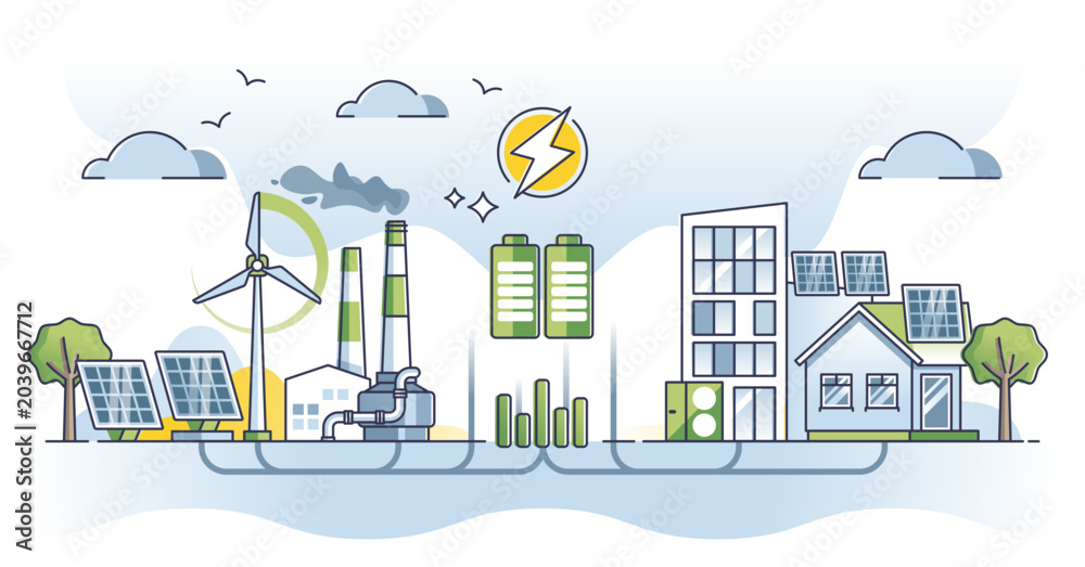 Obraz premium Distributed energy generation with sustainable power sources outline concept, transparent background.