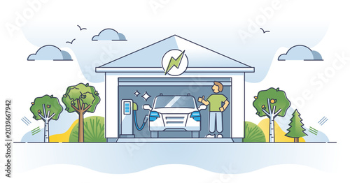 Quadro su tela Charging EV or electric vehicle with home garage electricity outline concept, transparent background