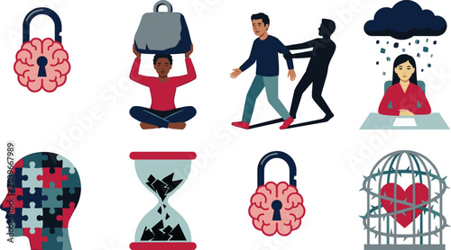 Fotografie Mental Health Struggle and Emotional Trauma Illustration Set with Anxiety, Psych