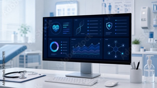 Healthcare AI diagnostics data review on clinic monitor