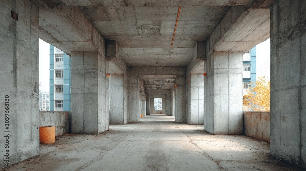 Naklejka premium Modern Industrial Architecture: Empty Concrete Structure with Columns and Open Corridor