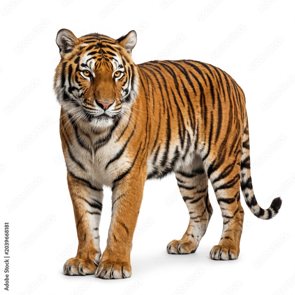 Obraz premium Majestic orange tiger with sharp dark stripes standing confidently against a clean white background captured in high resolution with soft natural lighting and intense golden eyes