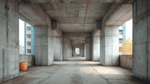 Modern Industrial Architecture: Empty Concrete Structure with Columns and Open Corridor