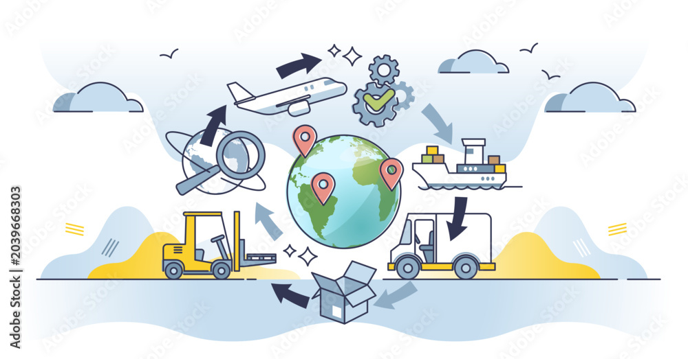 Naklejka premium Strategic sourcing process with global supply channels partnership outline concept, transparent background. Lowest service price reevaluation with cost efficient business model illustration.