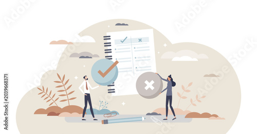 Pros and cons comparison with two choices to compare tiny person concept, transparent background.Planning risk and benefits strategy with argument analysis illustration.