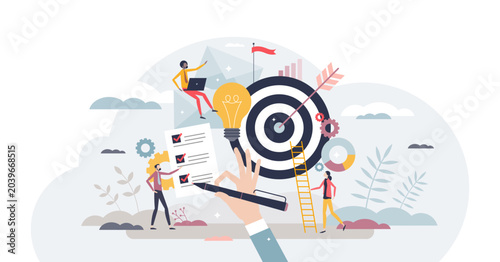 Objective achievement or business goal success management tiny person concept, transparent background. Aim and focus for work target illustration. Efficiency and ambition to accomplish perfect result.