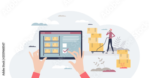 Bild auf Leinwand Inventory control and warehouse products remain check tiny person concept, transparent background