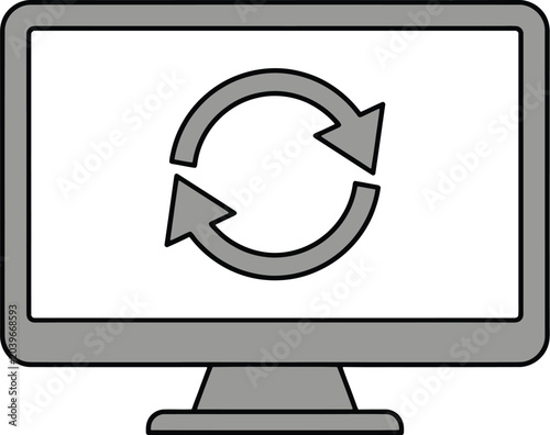Computer screen update icon, monitor with sync arrows, system reboot vector