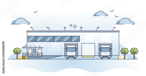 Schilderij op canvas Industrial building with cargo vehicles unloading garages outline concept, transparent background