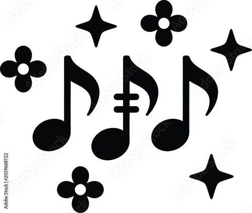 Foto Musical notes and flowers silhouette for creative design and music industry use