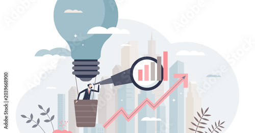 Business forecasting with startup idea future profit results prediction tiny person concept, transparent background.Performance strategy and calculation for company growth plan illustration.