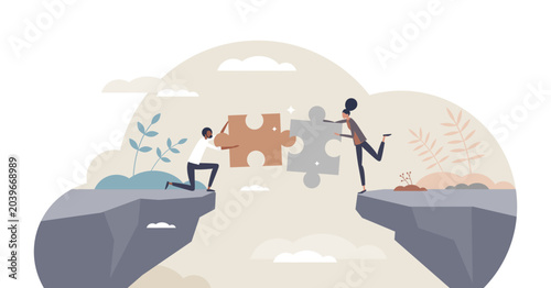 Bridging the gap and overcome couple relationship problem tiny person concept, transparent background. Communication link and puzzle pieces connection as solution for settlement illustration.