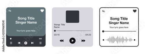 Schilderij op canvas Music Player Interface: A trio of modern music player interfaces showcasing album art, song title, artist name, lyrics, playback controls, and waveform visualizations
