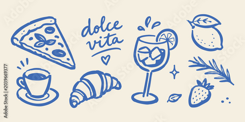 Dolce Vita Cafe Food Sketch Doodle Set Vector