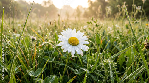 Tableau sur toile White daisy in a misty morning meadow with dew wildflower botanical daylight
