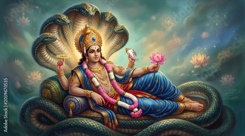 Deity of Vishnu Reclining on Shesha Naga, Symbolizing Protection and Cosmic Order for Diwali Navratri Dussehra Narasimha Vamana Kurma Varaha Parashurama Jayanti Anant Chaturdashi Devshayani ... 