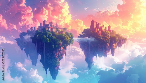 Floating islands with castles under a sky of vibrant pink and blue clouds