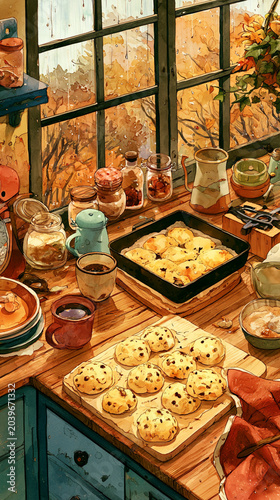 Autumn Baking Kitchen Filled With Homemade Treats by a Sunlit Window, Seasonal Comfort and Cozy Living Captured in an Autumn Baking Kitchen Watercolor Illustration