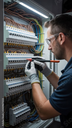 Experienced technician adjusts circuit breaker inside modern electrical panel, focusing on safe operation and proper wiring installation.