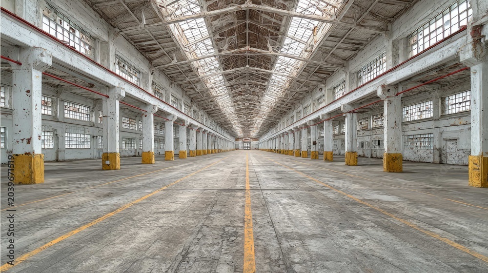 Naklejka premium Vast Empty Industrial Warehouse with Streamlined Aisle and High Ceilings Bathed in Natural Light