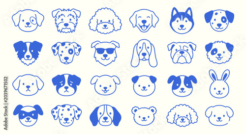 Collection of blue cartoon animal faces dogs and rabbit on white background for design and decoration