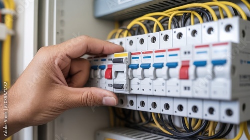 Experienced technician adjusts circuit breaker inside modern electrical panel, focusing on safe operation and proper wiring installation.