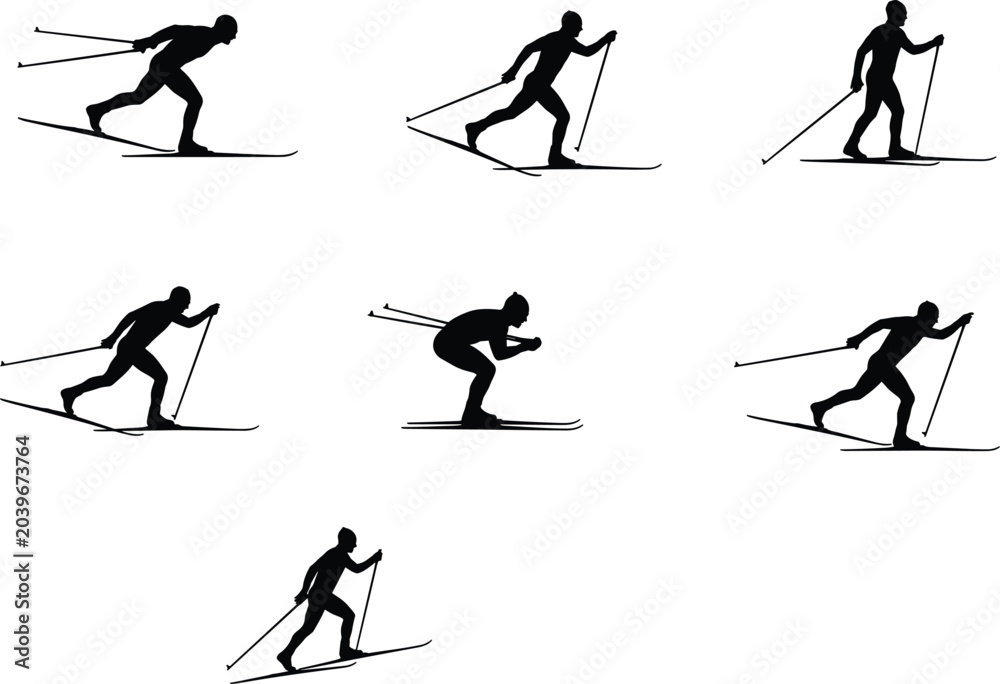 Fototapeta premium Cross Country Skiing Silhouette Collection Featuring Nordic Ski Athletes in Dynamic Winter Sports Poses Isolated Vector Set