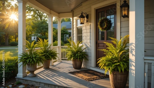 White front porch with lush ferns, in warm golden hour sunlight.