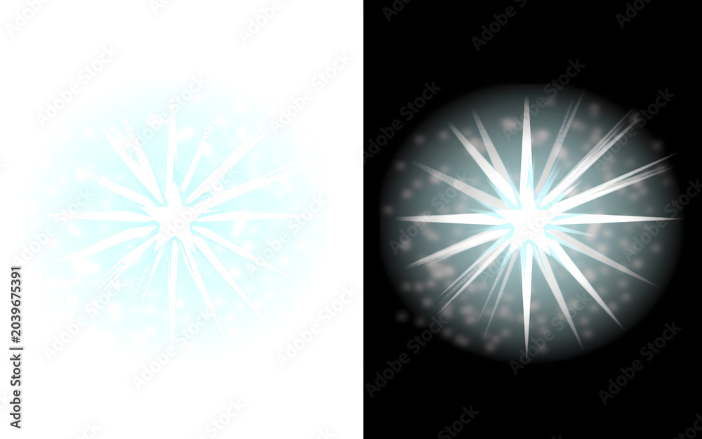 Fototapeta premium contrast split-screen presentation showing a radial star flare asset isolated on black and white.