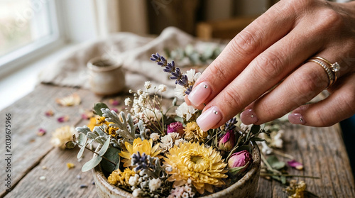 Woman's hand arranging dried flowers in a rustic setting with arranging