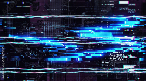 Horizontal digital glitch lines background with blue light interference