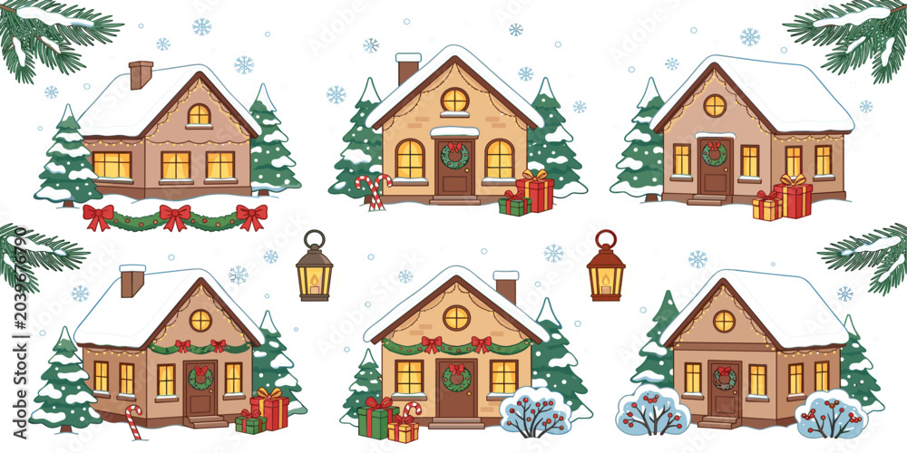 Fototapeta premium Cute Cartoon Christmas Winter Houses Vector Set Featuring Snowy Cottages Decorated with Garlands Pine Trees Wreaths and Gift Boxes Holiday Designs