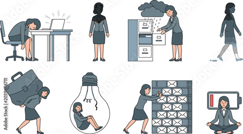 Foto Work Burnout and Office Stress Illustration Set with Emotional Exhaustion, Workl
