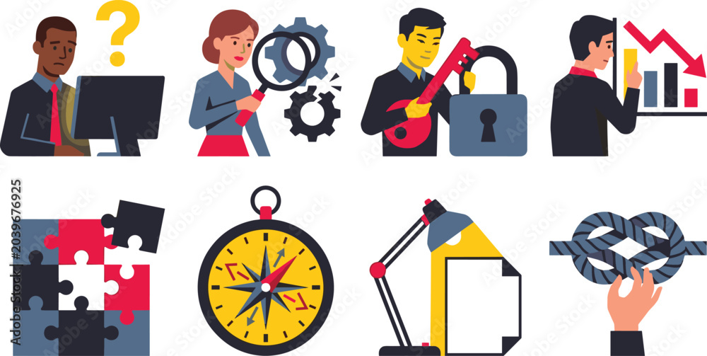 Fototapeta premium Business Problem Solving and Strategic Decision Concept Icon Set with Challenge, Security, Analytics, Teamwork, Navigation, and Solution Illustration Collection